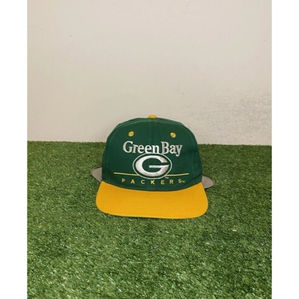 Vintage Green Bay Packers hat cap snap back green yellow eastport split bar 90s